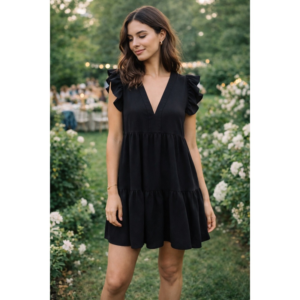 Amanda Uprichard Tiered Babydoll Mini Dress Ruffle‎ Sleeve Black S
